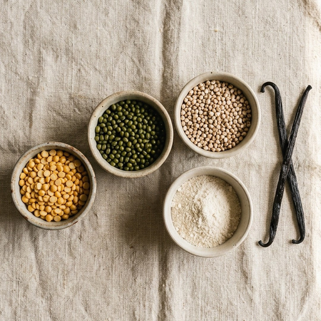 The full Naturally ingredient list laid out on linen — everything that goes in the tub