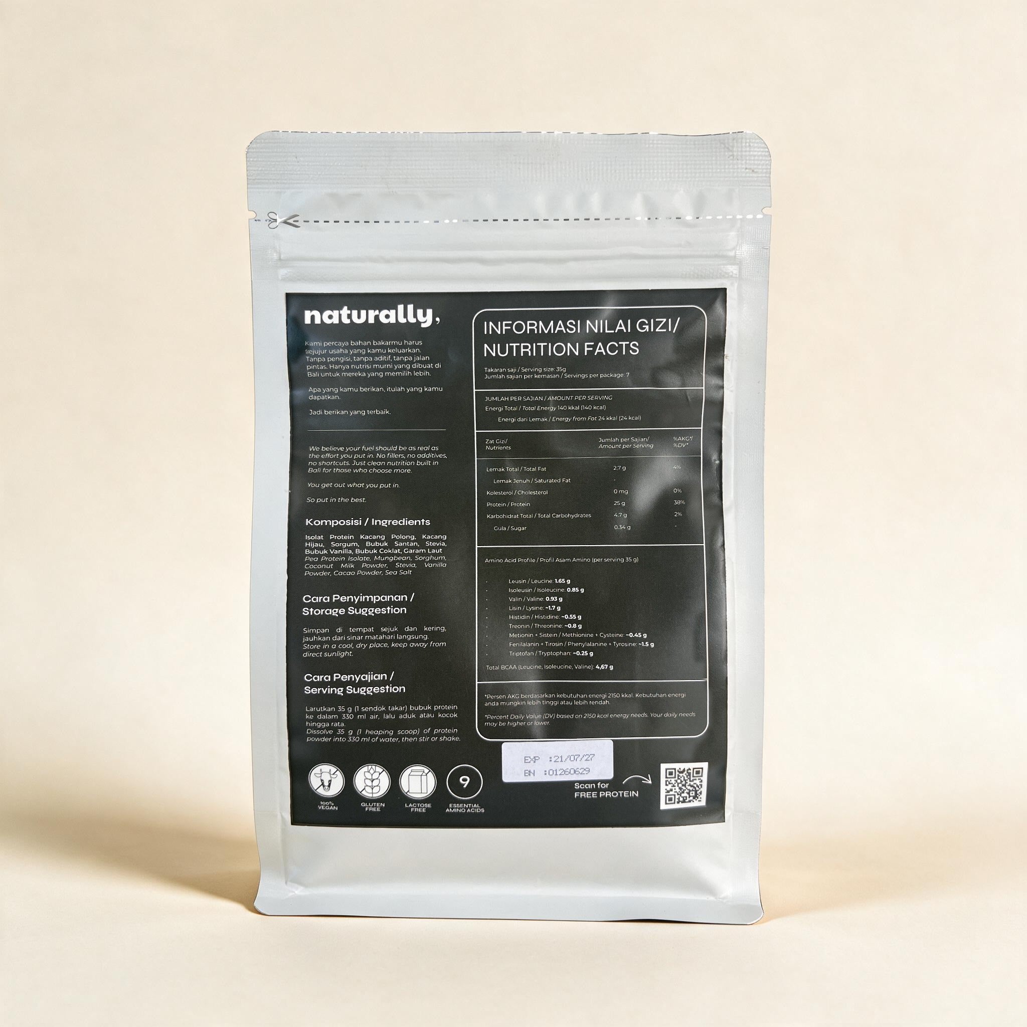 Naturally Chocolate Protein 250g back label, nutrition facts