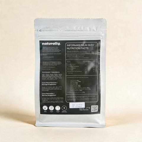 Naturally Chocolate Protein 250g back label, nutrition facts