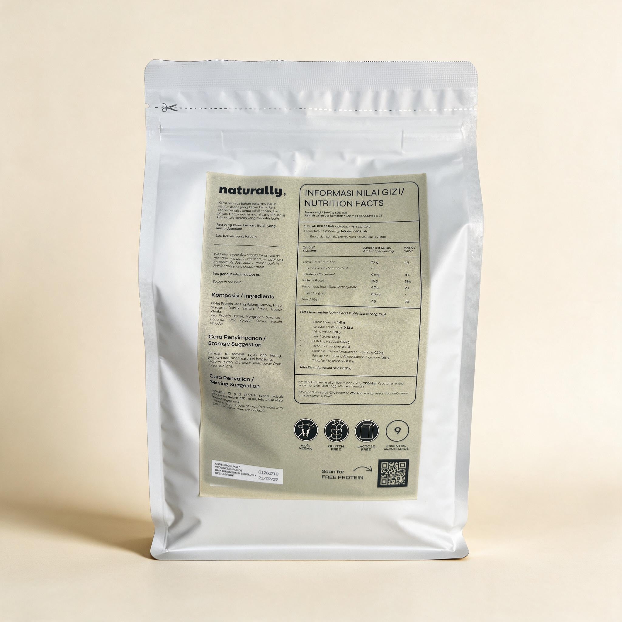 Naturally Vanilla Protein 1kg back label, nutrition facts