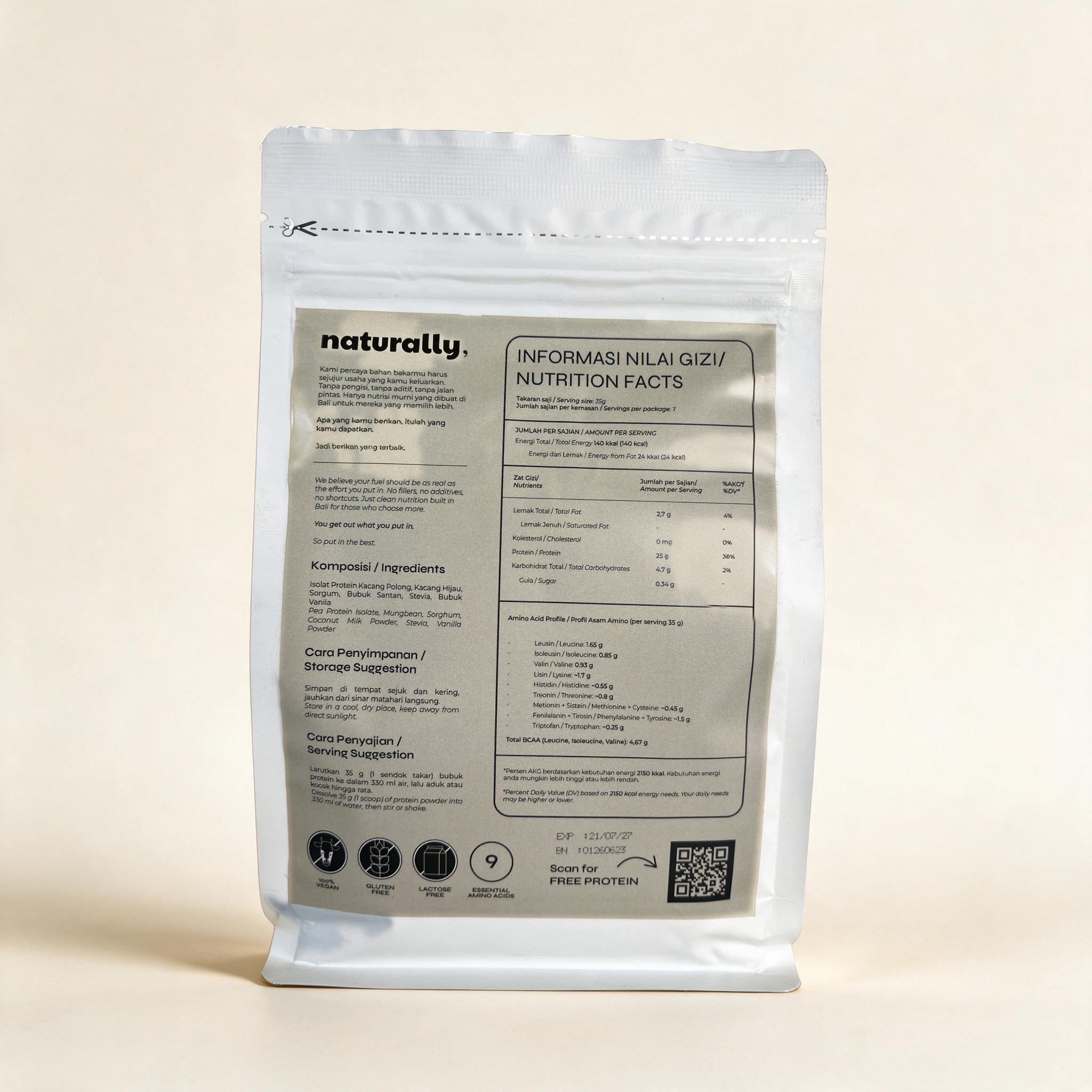 Naturally Vanilla Protein 250g back label, nutrition facts