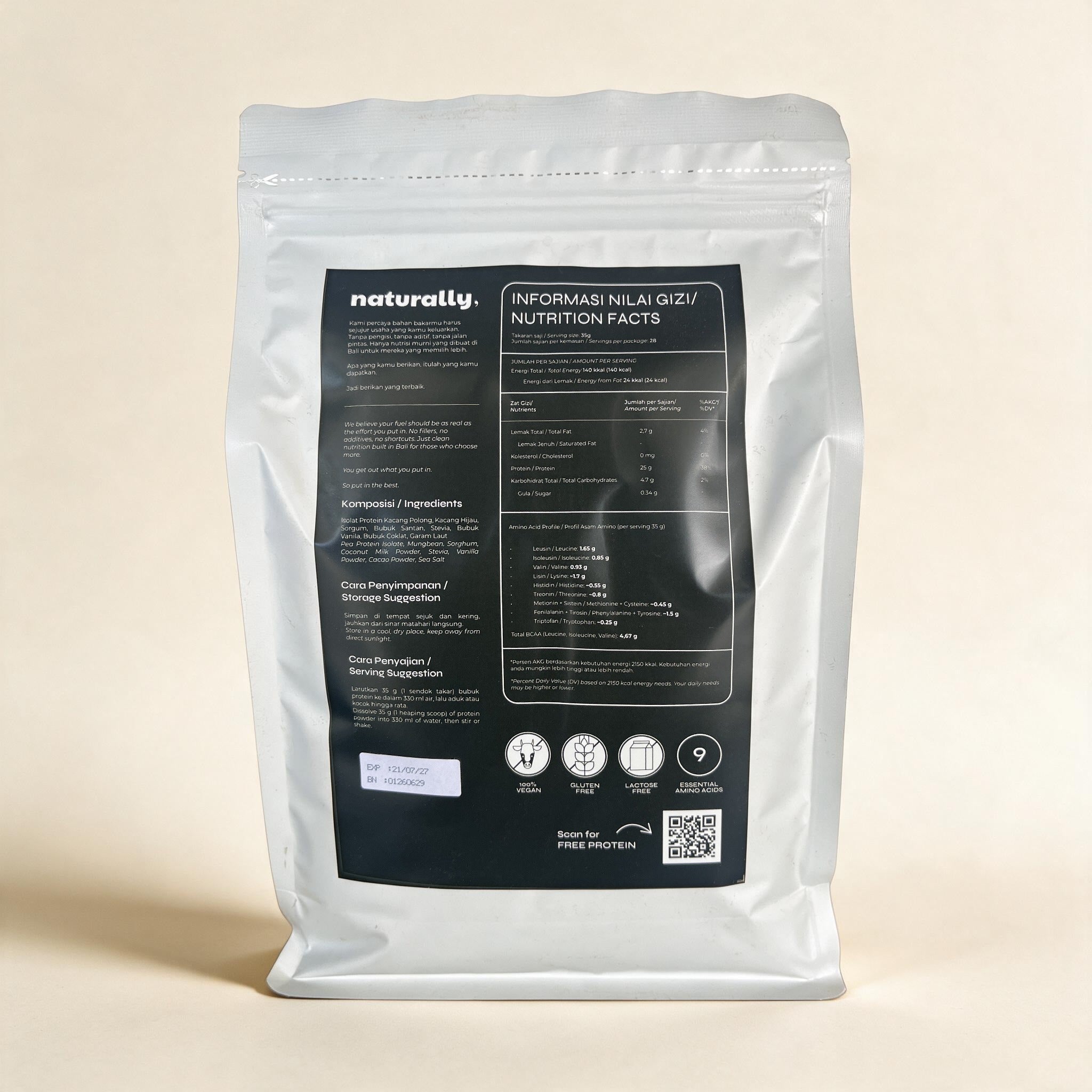Naturally Chocolate Protein 1kg back label, nutrition facts