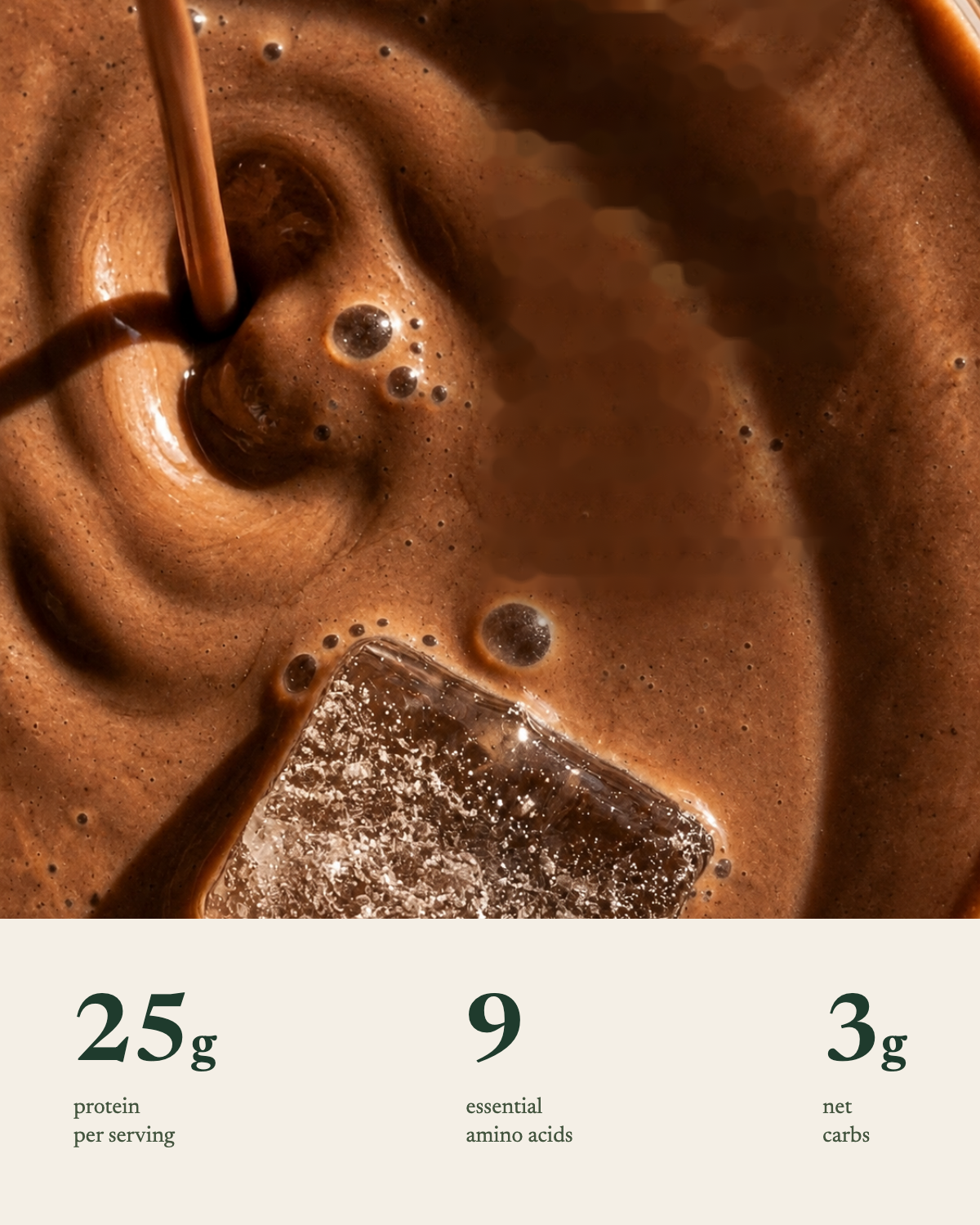 25g protein per serving, 9 essential amino acids, 3g net carbs